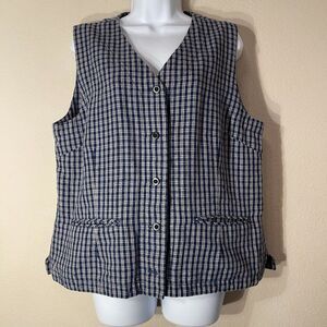 Eddie Bauer Linen Plaid Vest Waistcoat Blue Tan Vintage 90s Made In Hong Kong XL